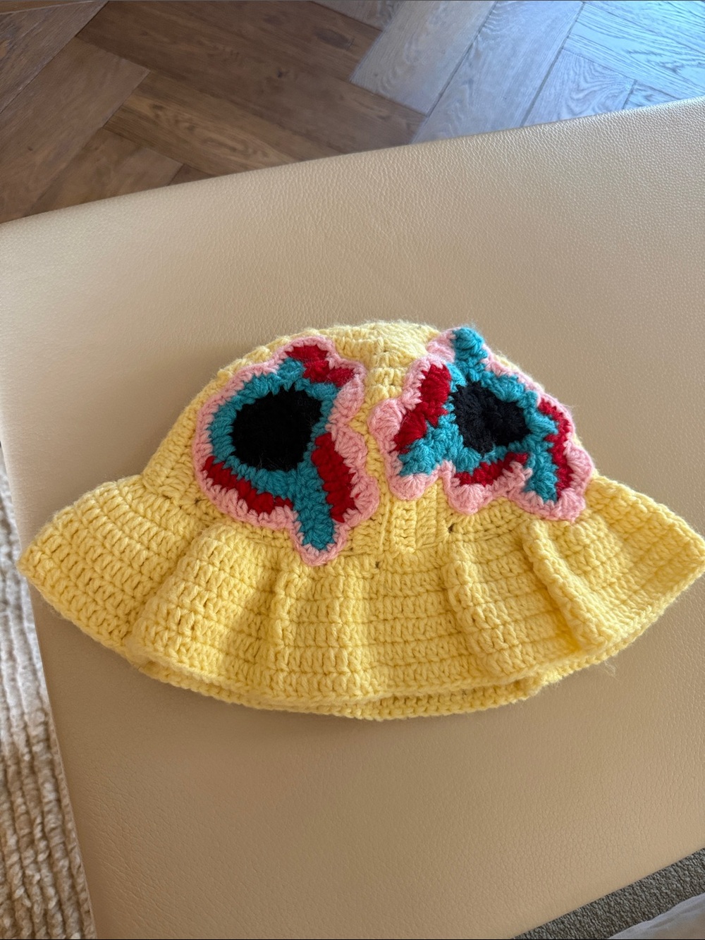 Handmade Yellow Crochet Bucket Hat with Colorful Flower Patches